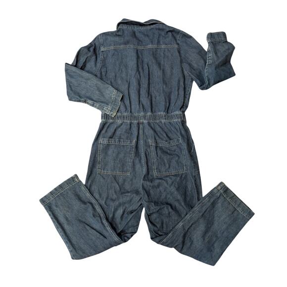 &Denim Jumpsuit Chambray Blue Long Sleeve Tie Waist Pockets Size M - Picture 2 of 6